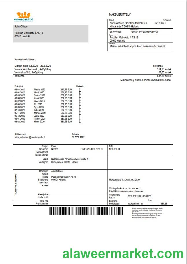 Finland Nuorisosaatio Youth Foundation bill template in Word format
